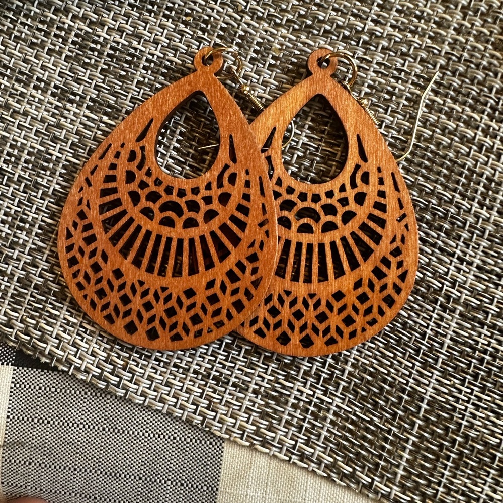 Light weight wood Brown Teardrop Cutout Earrings